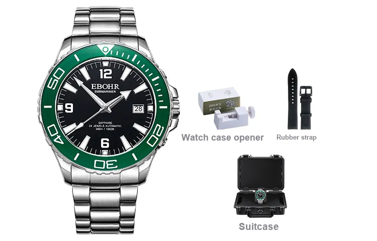 EBOHR Explorer Collection Automatic Mechanical Movement Stainless Steel Strap Watch Men's Watches Black Dial-5