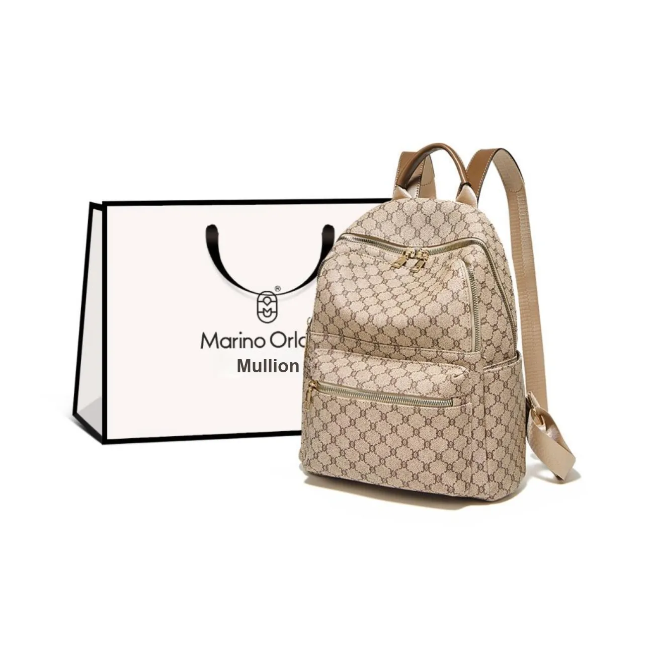 Marino Orlandi Classic Premium Monogram PVC Backpack Regular Unisex Khaki & Coffee
