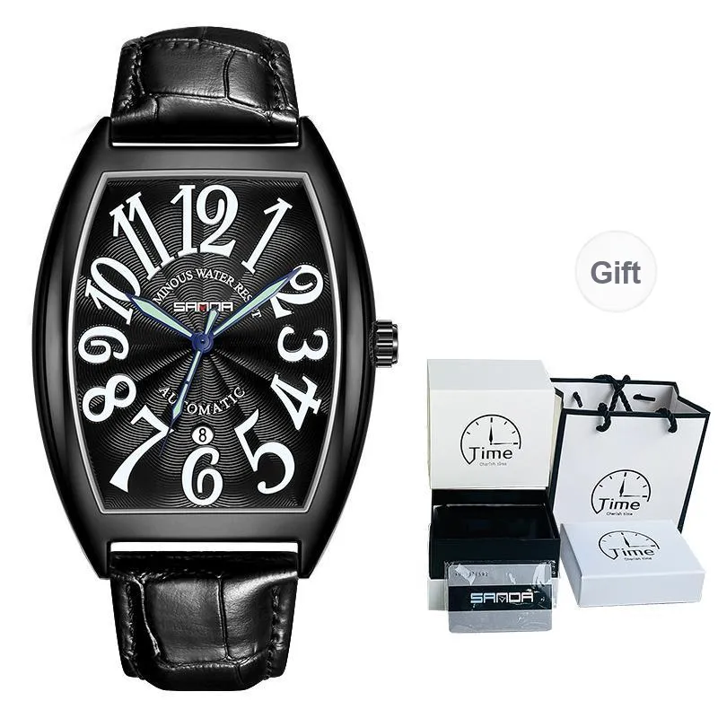 Sanda Mechanical Movement Leather Strap Watch Men's Watches Black Dial-1