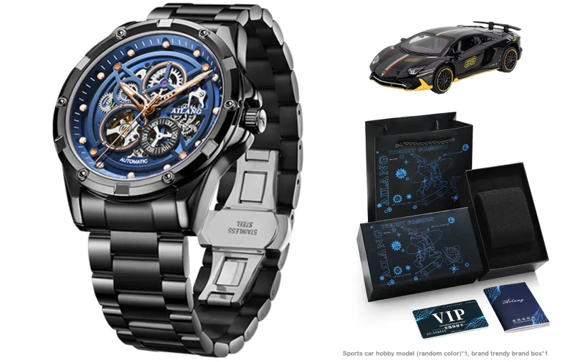 AILANG Automatic Mechanical Movement Stainless Steel Watchband Watch Men's Watches Black Dial-0