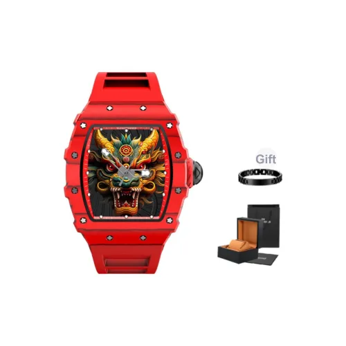 FR Автоматический Механический Механизм Экологичный Ремешок из Фторкаучука Часы Мужские Красный Циферблат