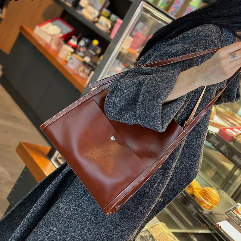 TTaG．baG Top Grain Vegetable Tanned Cow Leather One Shoulder Handbag Women's Coffee/Brown-4