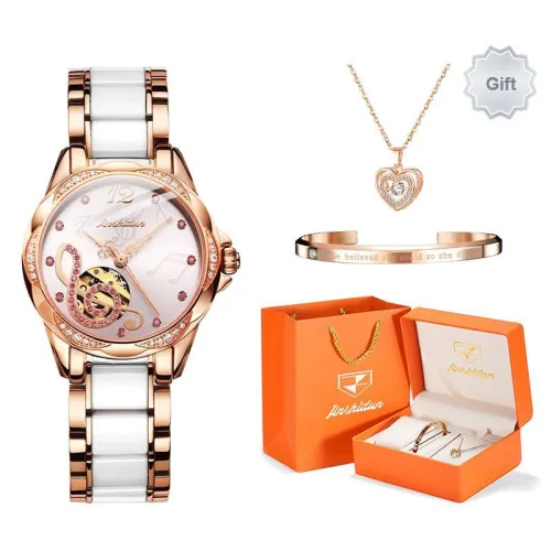 Jin Shi Dun Petal Design Box Mechanical Movement Watch Women's Watch Pink Watch Dial
