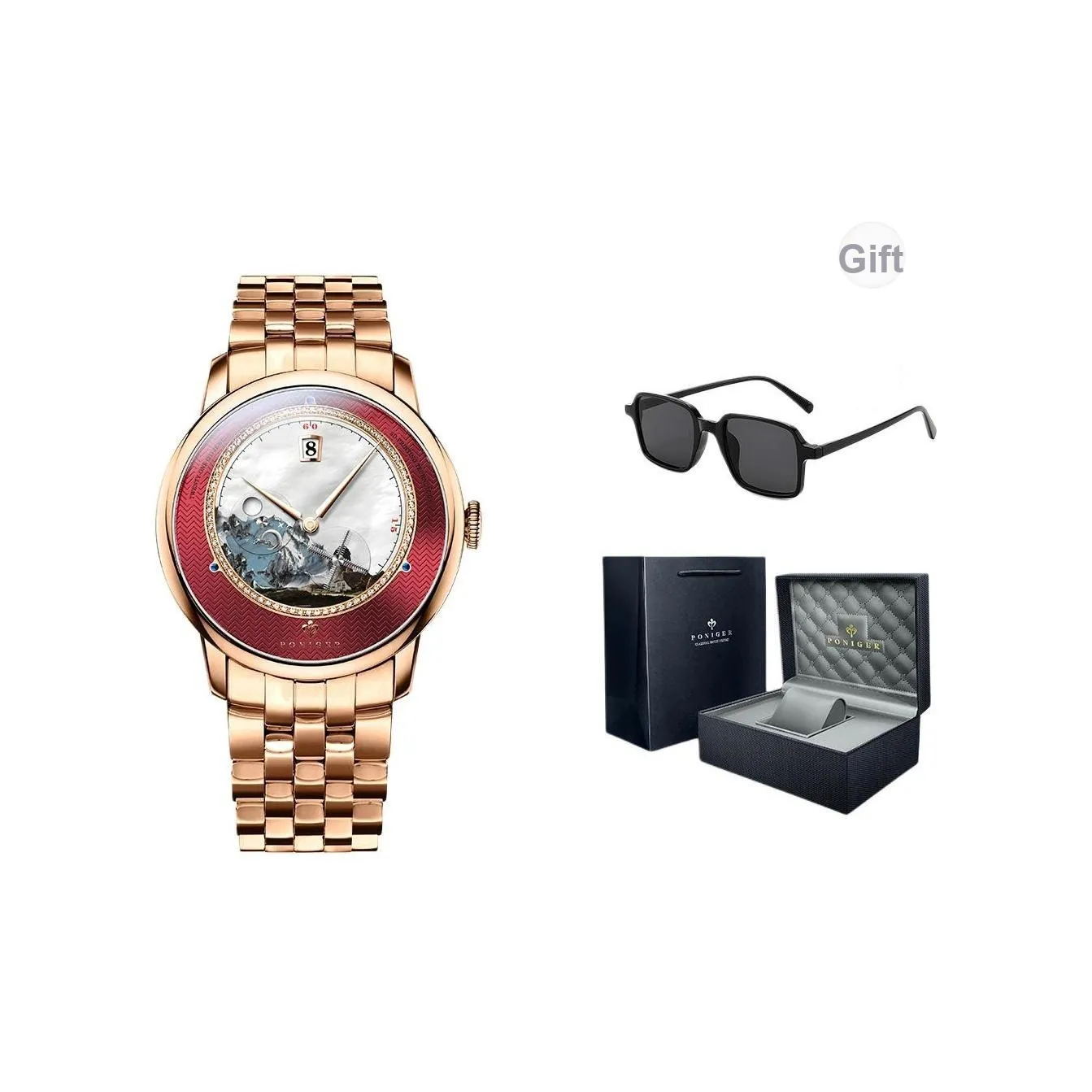 PONIGER Mountains and Rivers Рисунок Автоматический Механический Механизм Кожаный Ремешок Мужские Часы Серый Циферблат