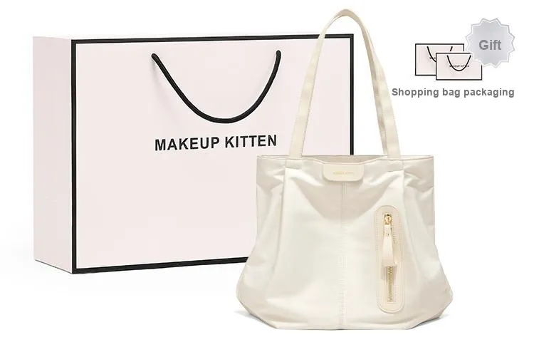 MAKEUP KITTEN Synthetic Leather Tote Bag Shopping Bag Shoulder Bags Large Size Women's Ecru/Black-0