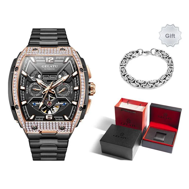 GELATU Mechanical Movement Stainless Steel Watchband Watch Men Black Dial-5