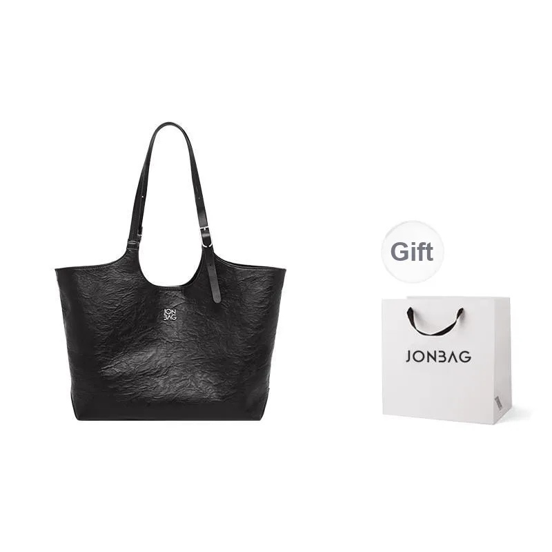 JONBAG Synthetic Leather Tote Bag Shoulder Bag Large Size Women's Pure Black-0