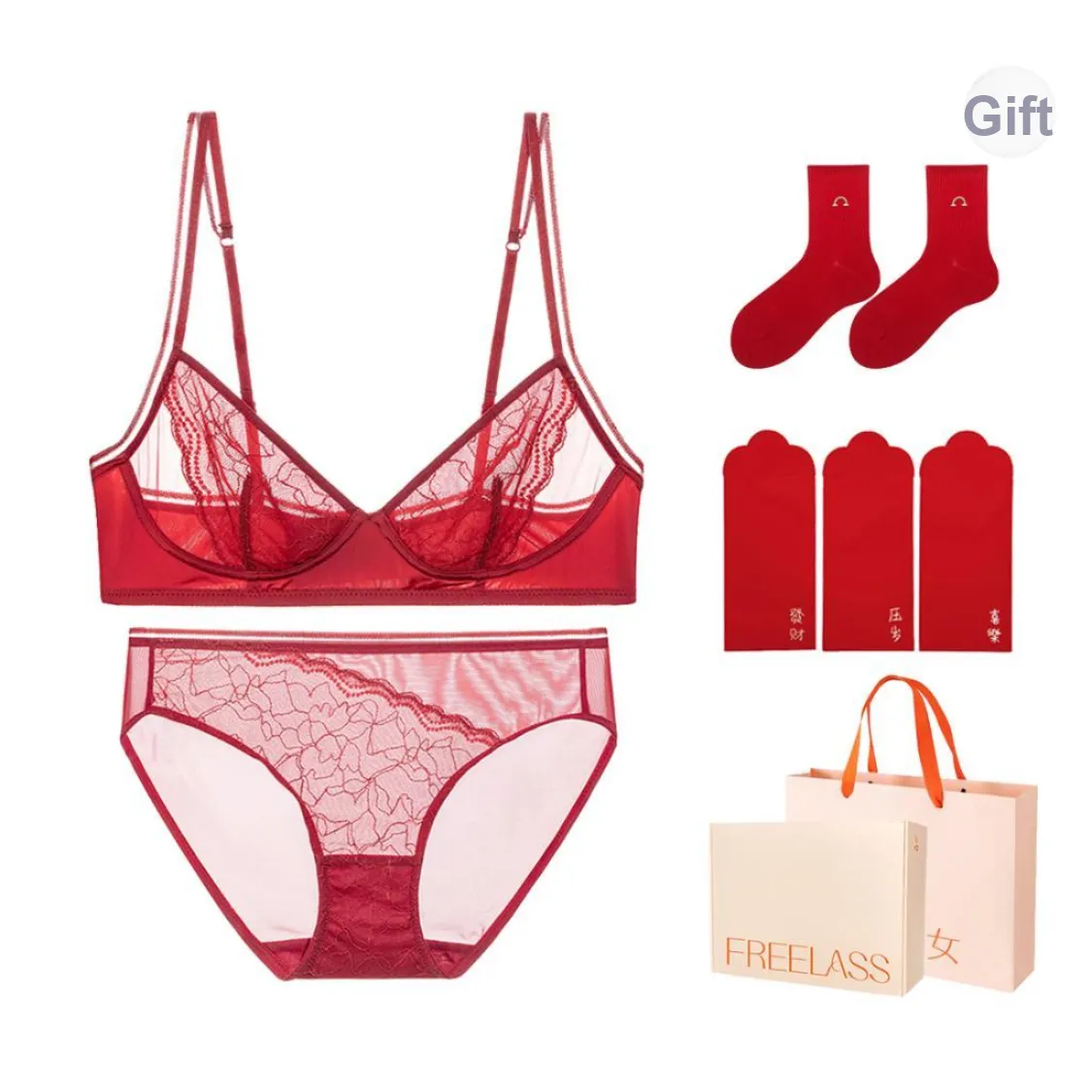 FREELASS Year Of The Dragon Series Underwear Set Gift Box Set Women's Winter Day Cotton Socks Set Of 3 Red