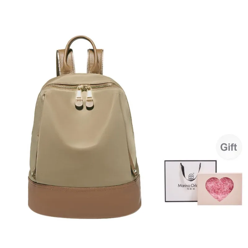 Marino Orlandi Fabric With Leather Patchwork Nylon Fabric Backpack Medium Size Women's Black/Khaki/Apricot-29