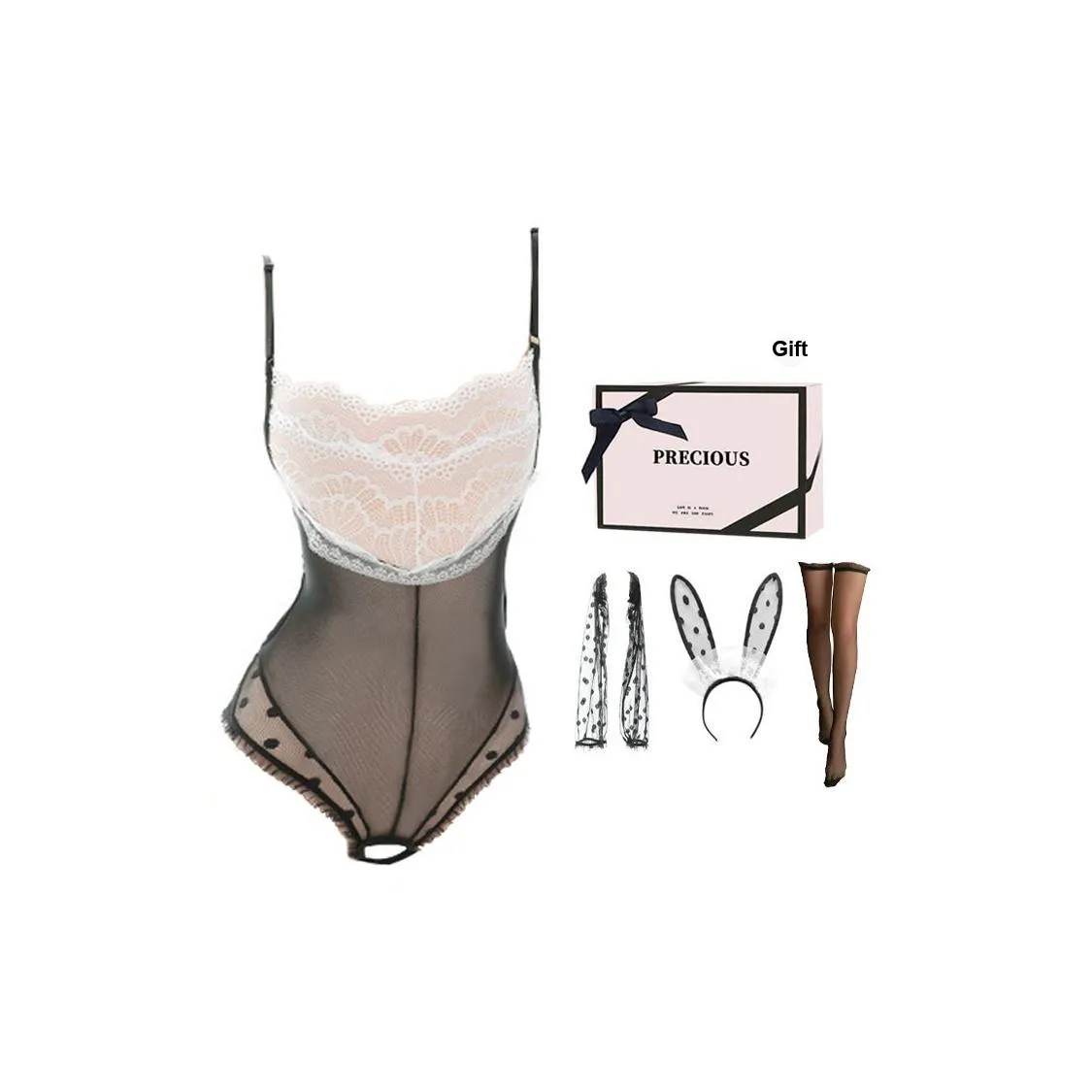 TLXT Черный Экстра-большой [Повязка на голову + Открытая промежность JUMPSUIT + Покрытие рукавов *2] + Черные длинные чулки + [Коробка] Женское боди