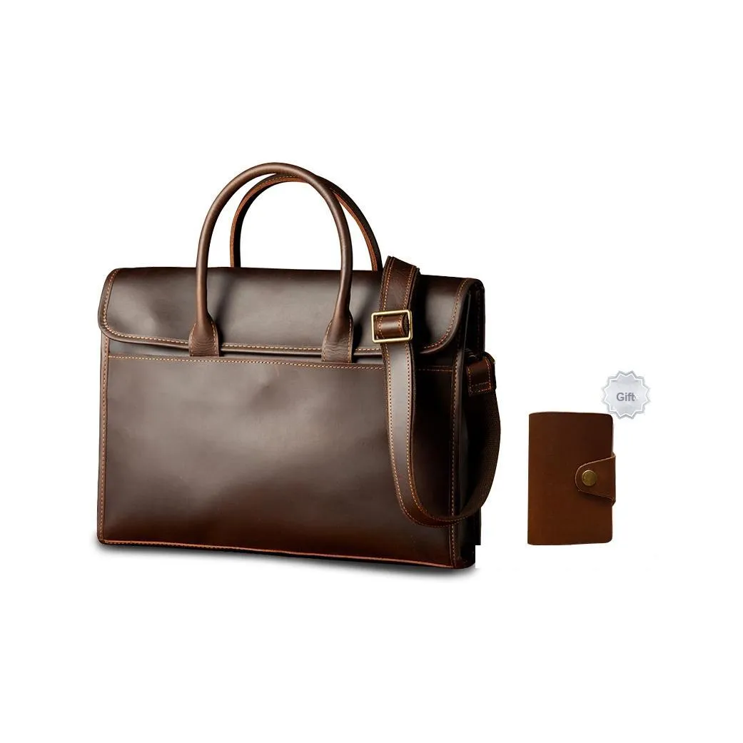 Simple&nature Cow Leather Handbag Shoulder Bag Crossbody Bag Briefcase Medium Size Men's Dark Brown