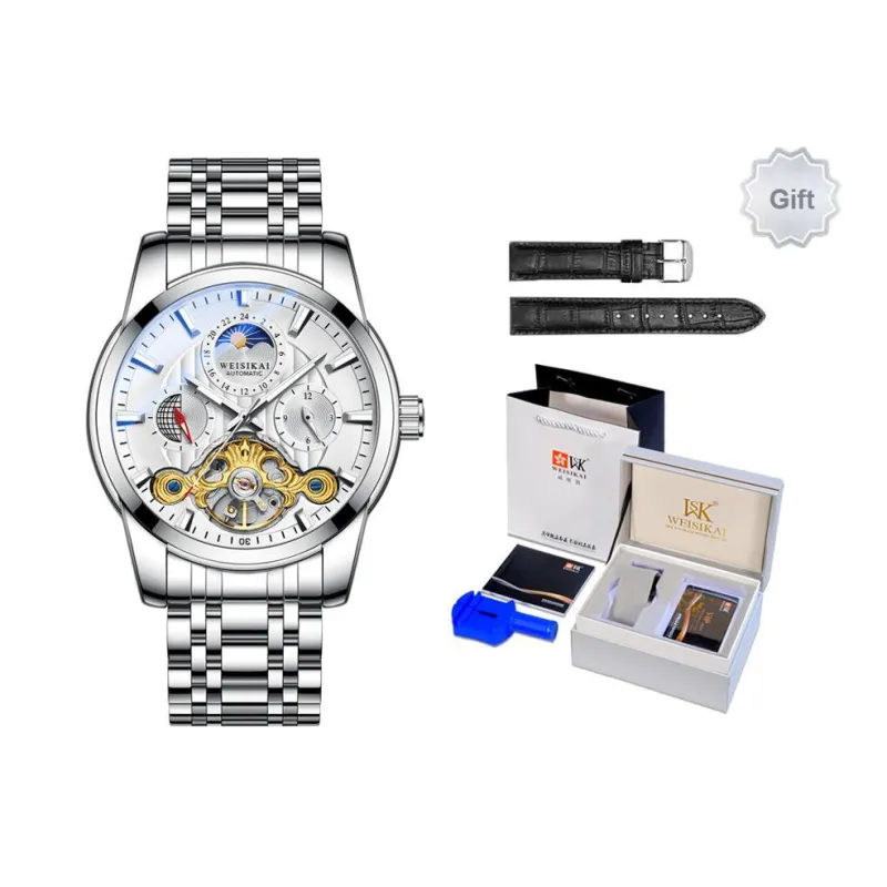 WSK Mechanical Movement Steel Strap Men's Watches White Dial-0