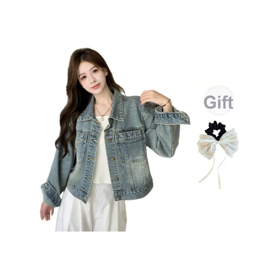 TUSHIFEI Denim Jackets Women's Blue+Hair Tie Comes With