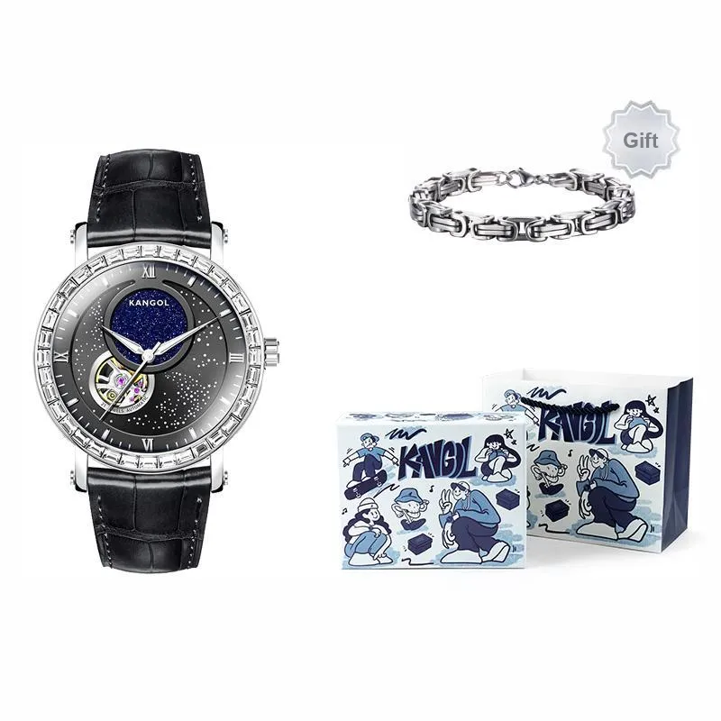KANGOL Sea Of Stars Mechanical Movement Leather Strap Watch Men's Watches Black Dial-15