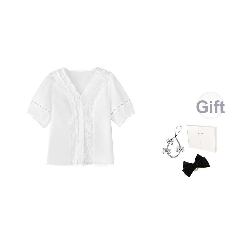 Fstudio Летний Французский 100% хлопок Вышивка Рукав-буф V-образный вырез Короткий рукав Рубашка Женская