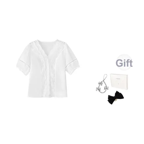 Fstudio Летний Французский 100% хлопок Вышивка Рукав-буф V-образный вырез Короткий рукав Рубашка Женская