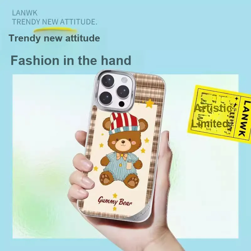 LANWK Glass Material Sleepy Bear Impact Resistant Magnetic Phone Case Compatible With Apple IPhone 14/15/16/Pro/Pro Max-4