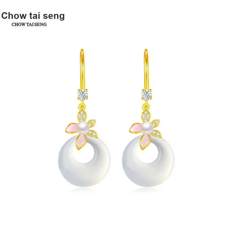 CHOW TAI SENG Chalcedony White Chinese Style Floral Hoop Earrings Women's-2
