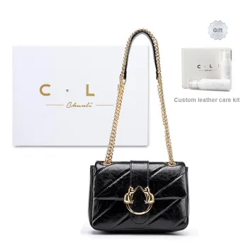 C.LI Genuine Leather Cow Leather Small Square Bag Lock Chain Underarm Shoulder Bag Medium Size Women's White/Black