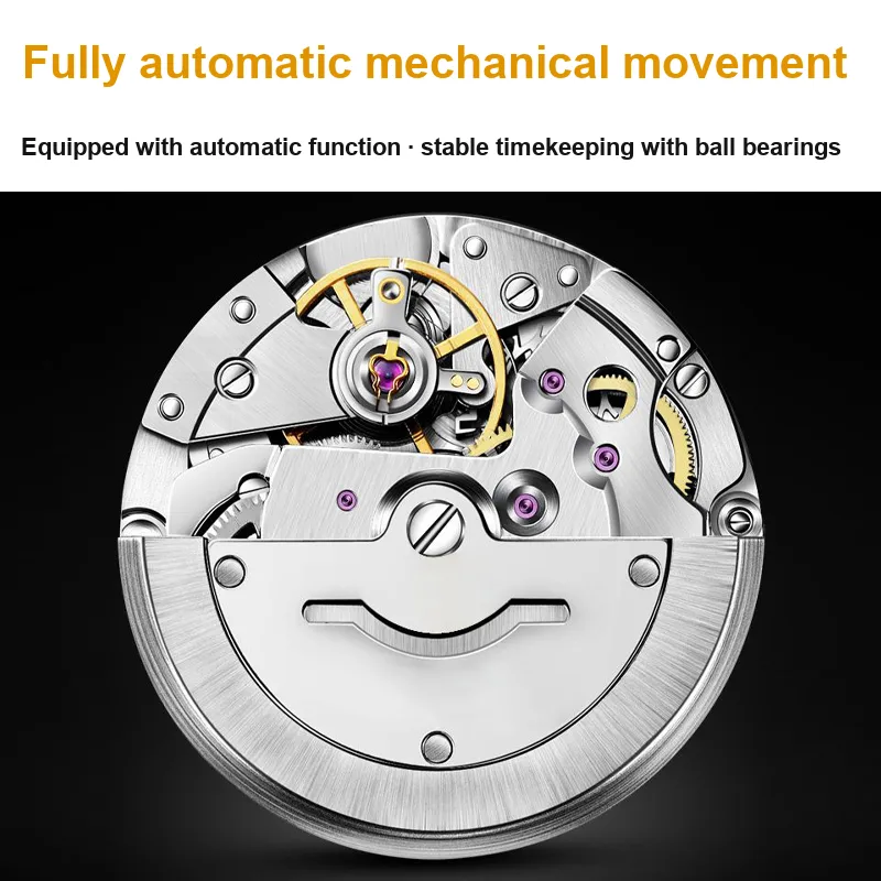 RUIGE Automatic Mechanical Movement Stainless Steel Watchband Men's Watches Black Dial-7