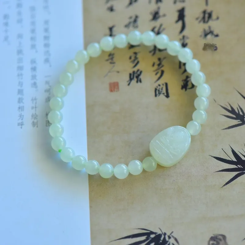 Cuiya Golden Building Hetian Jade Bracelets Pale Greenish-White Jade Unisex-13