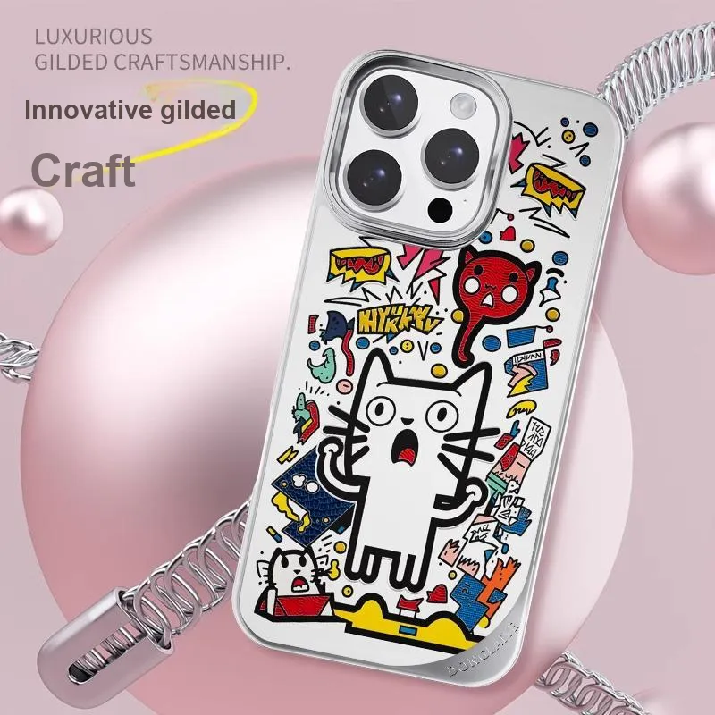 LANWK Gilded Material Confused Cat Phone Case Compatible With Apple IPhone 15/16 Pro/Max Anti Drop Magnetic-2