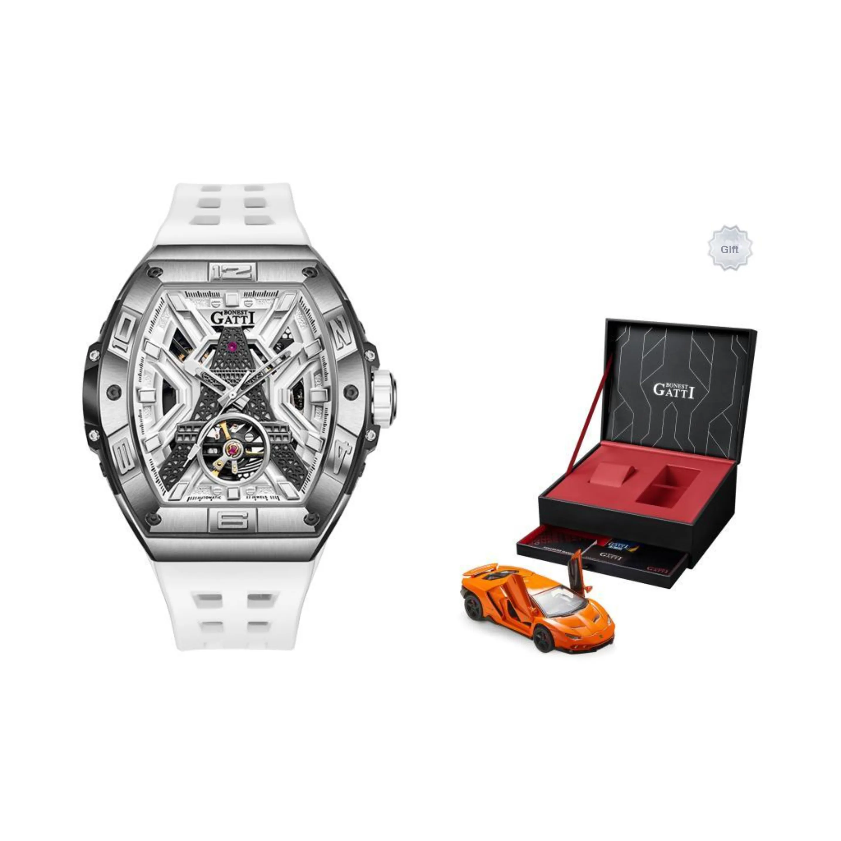 BONEST GATTI Automatic Mechanical Movement Rubber Strap Watch Men's Watches White Dial