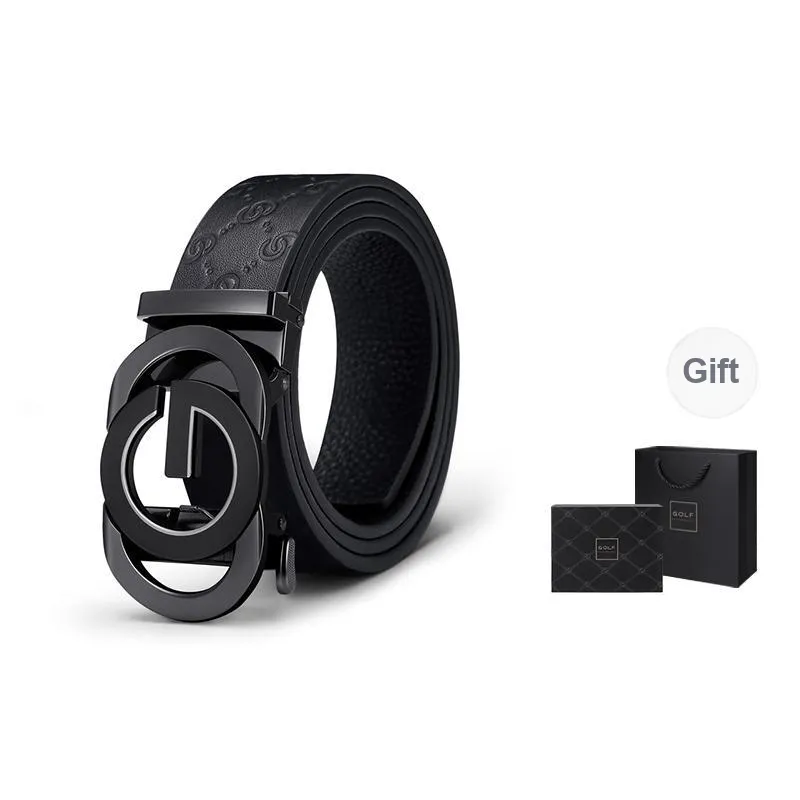 GOLF Top Grain Cow Leather Automatic Buckle Belt Men's Black Gold/Black Silver Width  3.5cm-2