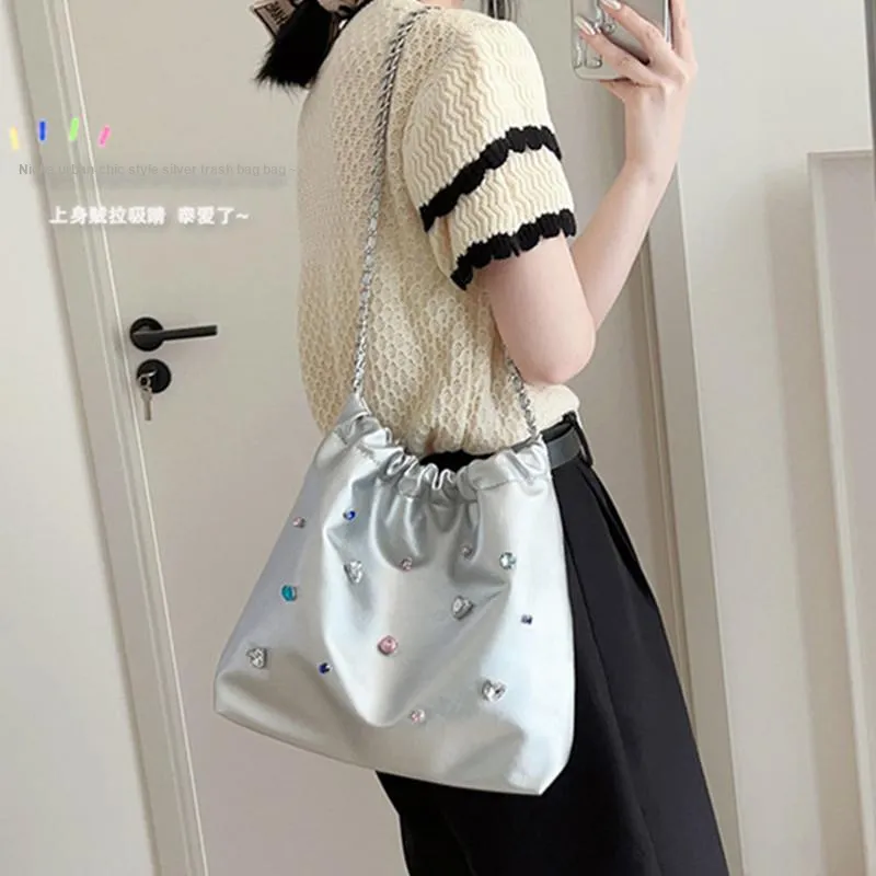 NOMK Leather Chain Bag Tote Bag Shopping Bag Bucket Bag Shoulder Bag Handbag Crossbody Bag Shoulder Bag Women's Silver-6