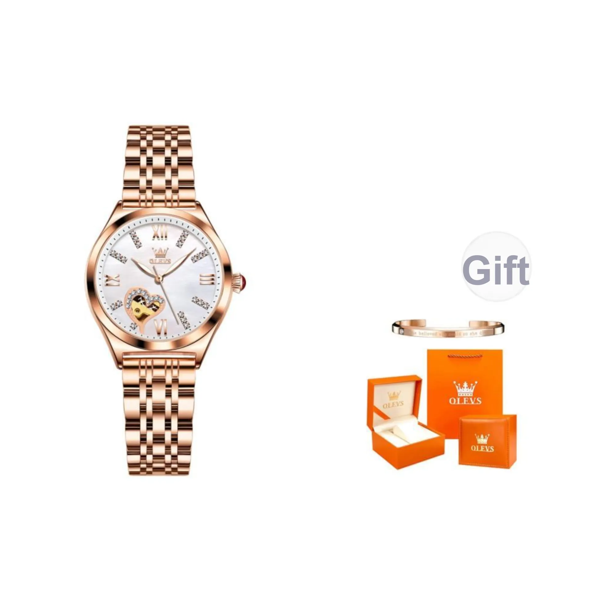 OLEVS Mechanical Movement Stainless Steel Watchband Watch Women's Watch White Dial