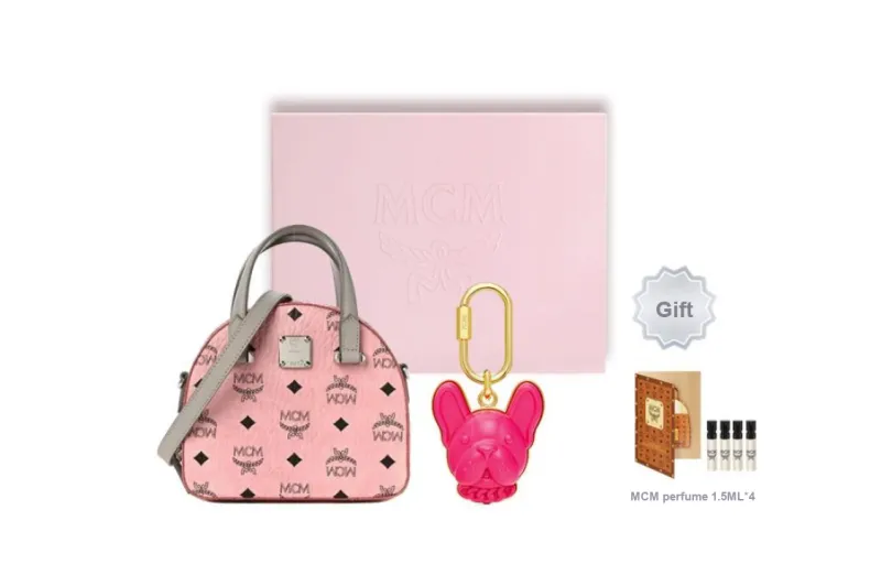 MCM Diamond Logo Visetos Mini Round Top Tote Bag Soft Pink-2