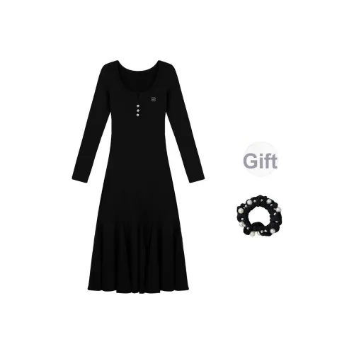 Черный + Резинка для волос С подарками Женские Длинные Платья с длинным рукавом