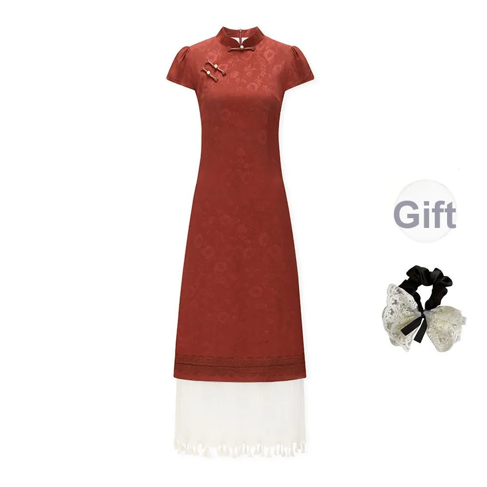 PAVEA Short Sleeved Dress Women's Burgundy+Hair Tie Comes With