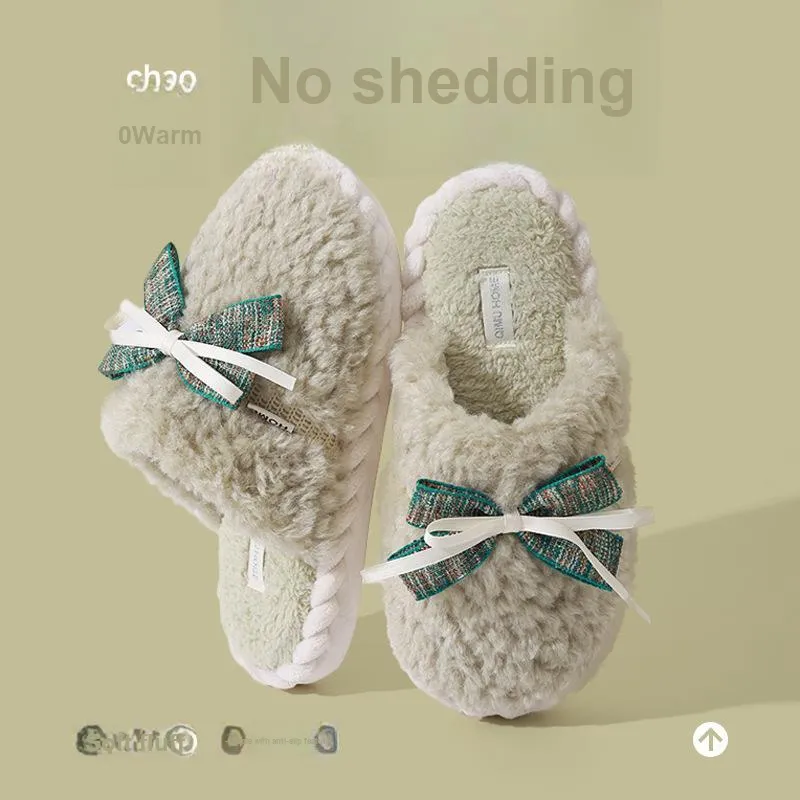 Yalu Home Bowknot Fuzzy Slippers Thickened Plush Slip Resistant Cotton Slipper For Indoor Bedroom Winter Warmth Women's-7