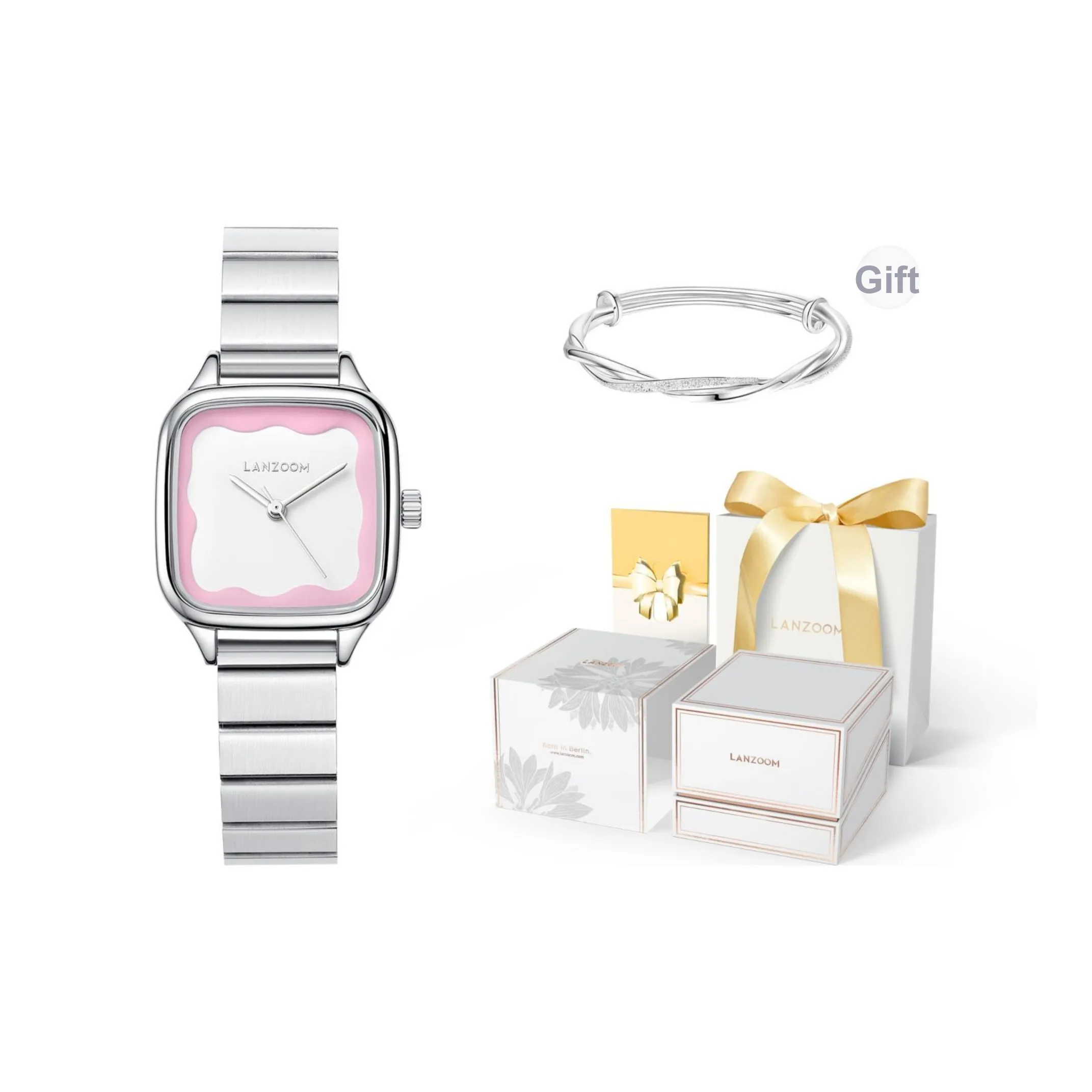 LANZOOM Jelly Sea Watch Кварцевый механизм Женские часы на запястье Розовый циферблат Часы Корпус из нержавеющей стали Чехол для часов