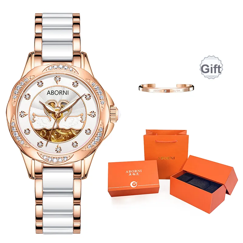 ABORNI Elegant Swan Collection Automatic Mechanical Movement Ceramic Strap Watch Women's Watch White Dial-0
