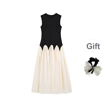 PAVEA Sleeveless Dresses Women's Black & Apricot+Hair Tie Comes With