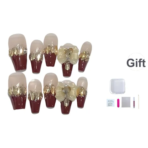 JIDUOMENG Ручная работа Штучные Ногти Плиты Премиум Бордовый Французский Шампанское Большой Ромб Бант