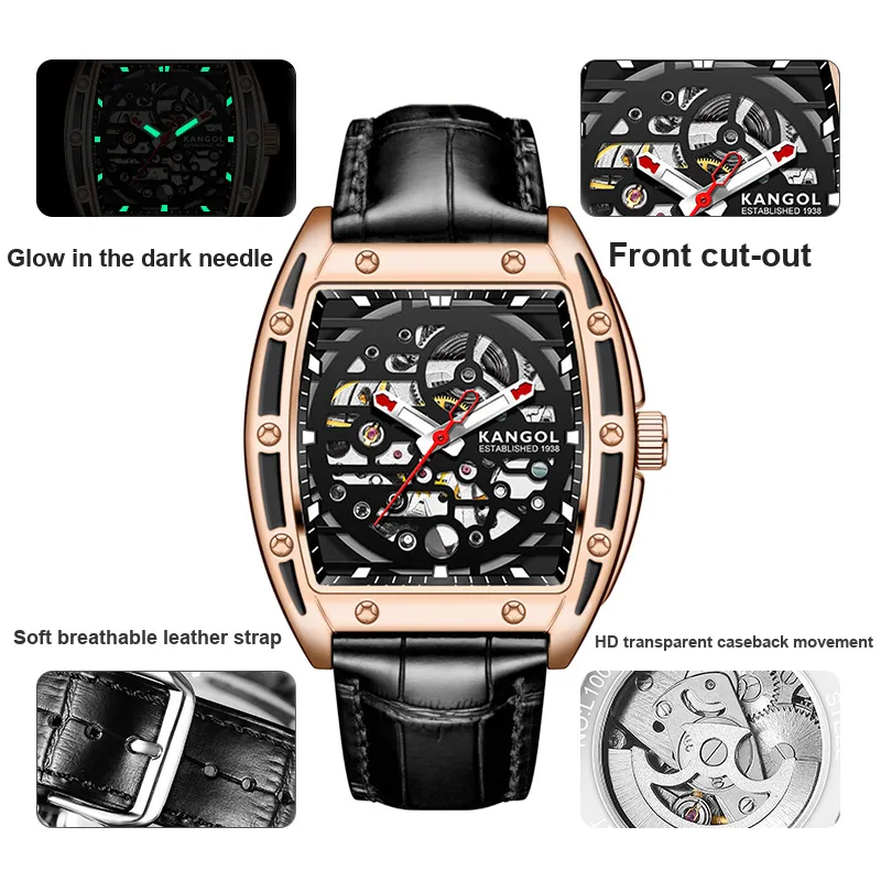 KANGOL Automatic Mechanical Movement Genuine Leather Strap Watch Men's Watches Cut-Out Dial-1