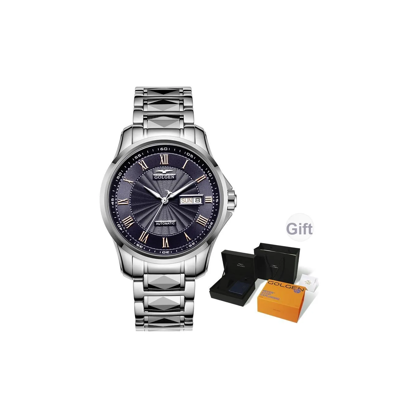 GOLGEN Automatic Mechanical Movement Tungsten Steel Strap Watch Men's Watches White Dial