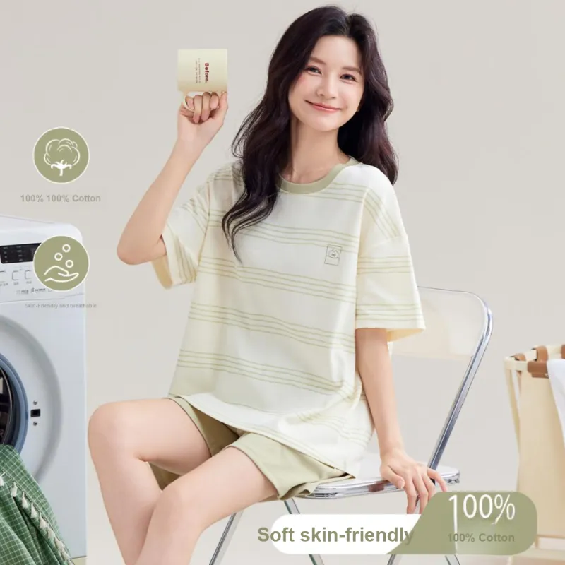 Urban Beauty Pajama Set Loungewear Short Sleeved Outerwear Ready Couple Stripes Basic Women's 2 Piece Set Light Green-2