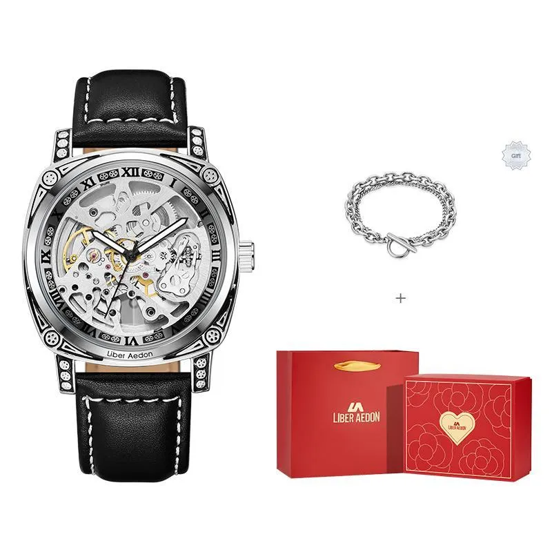 LIBER AEDON Wrist Watch Automatic Mechanical Movement Genuine Leather Strap Cut Out Dial Men's Watches-25