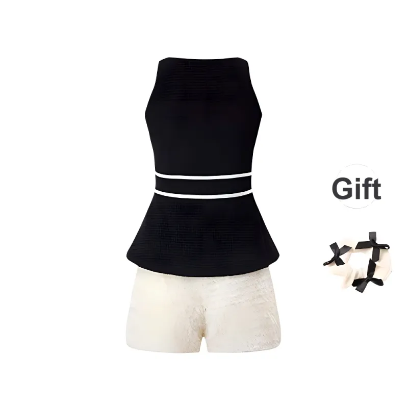 TURN UP Casual Suits Women's Clothing Sets Black White Two Piece Set+Bowknot Hair Tie Comes With-1