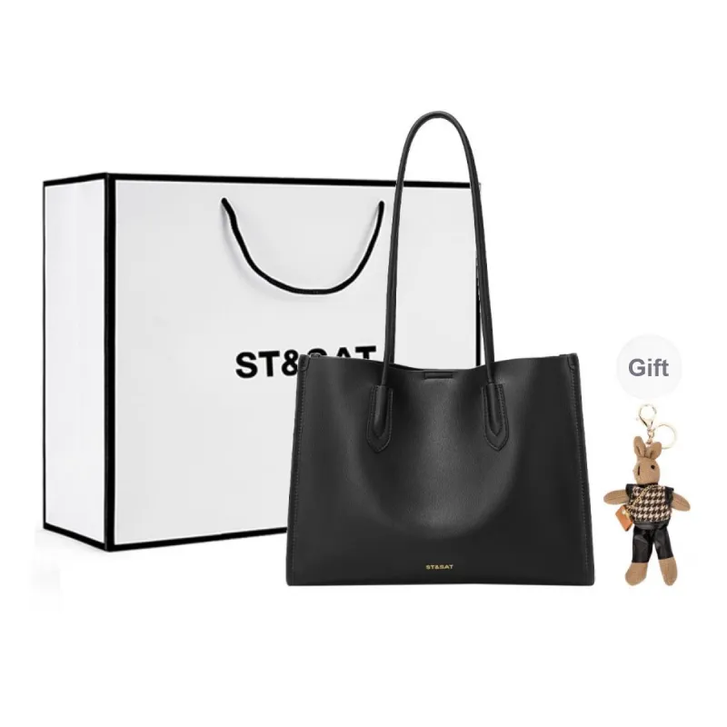 ST&SAT Cow Leather Tote Shoulder Bag Handbag Large Size Women's Dark Brown/Black-22