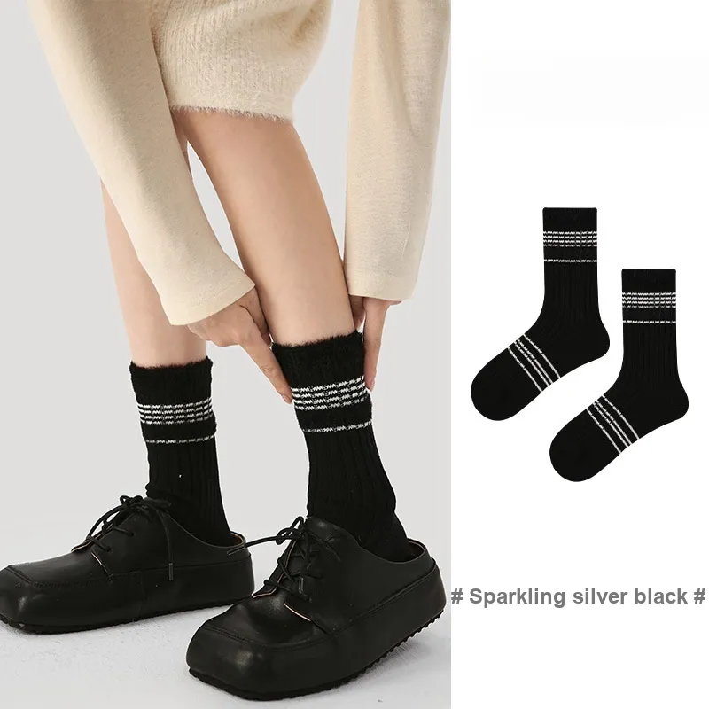 Vine Color Mid Calf Socks Unisex 3 Pack Sparkling Silver Black-1