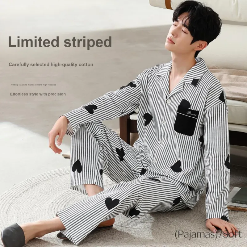 GUJIN Pajama Set Men's White Stripes-2
