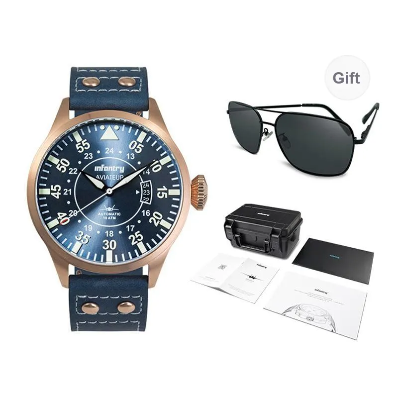 INFANTRY Pilot Collection · Explorer Mechanical Movement Genuine Leather Strap Watch Men's Watches Blue Dial