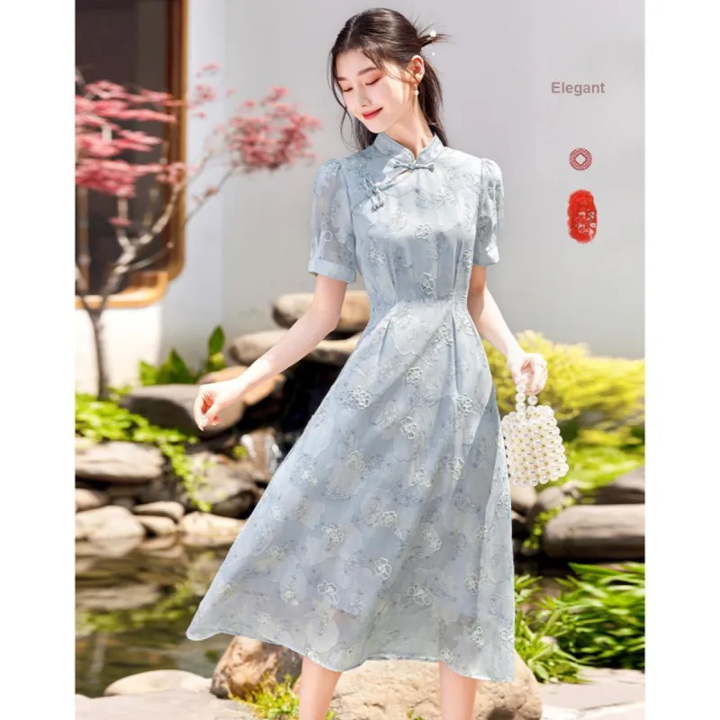 Like The Age Of Water Short Sleeved Dress Women's Blue-4