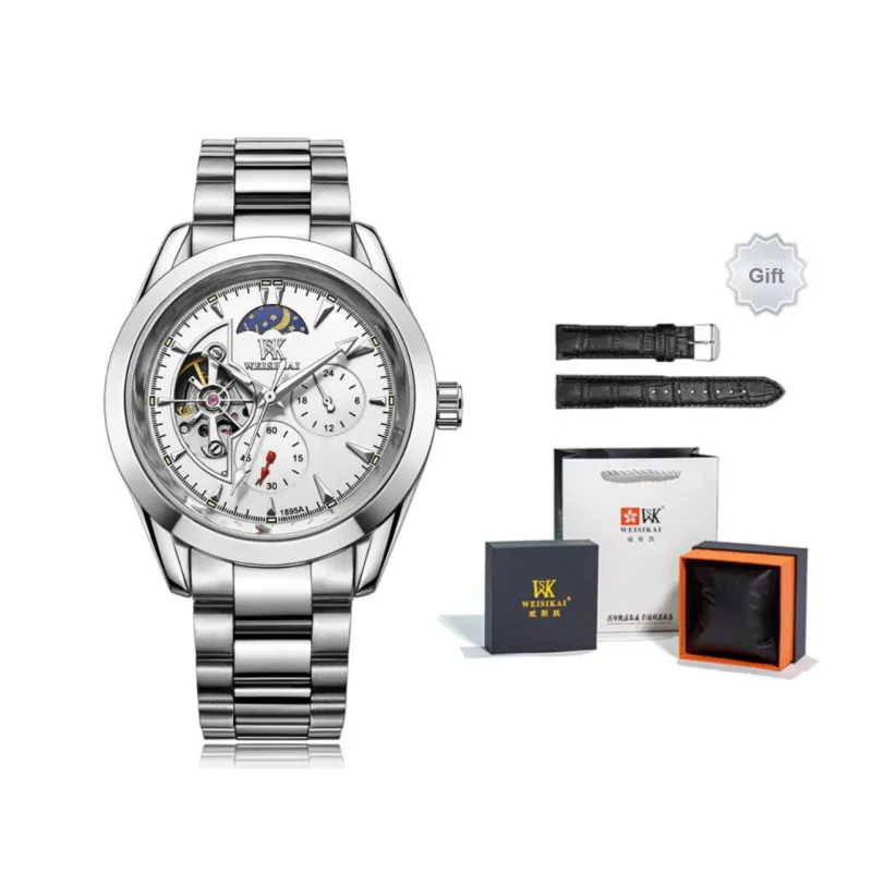 WSK Automatic Mechanical Movement Stainless Steel Watchband Men's Watches White Dial-0