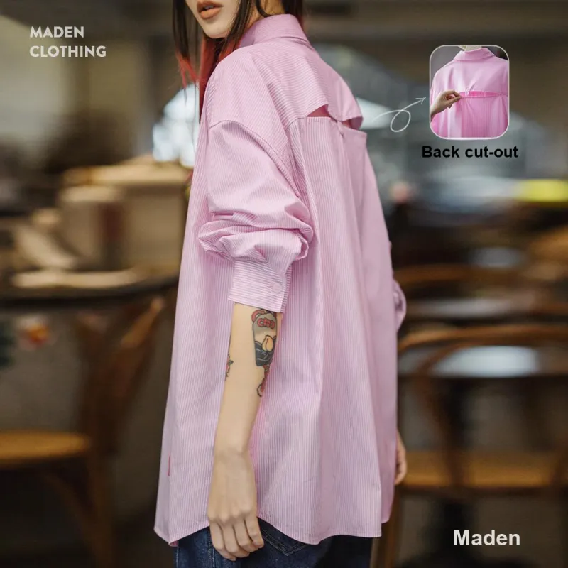 MADEN Shirt Women's Pink With White Stripes-2